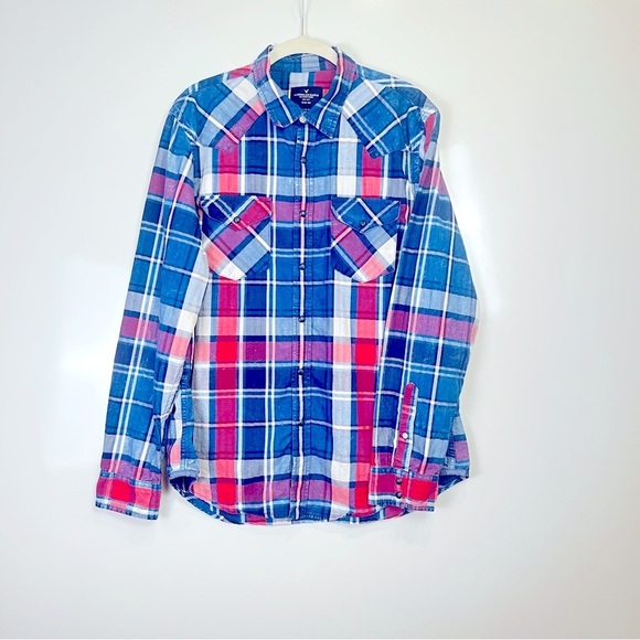 5 FOR $20 American Eagle Slim Fit Blue and Red Plaid Button-Up Shirt - Picture 1 of 7